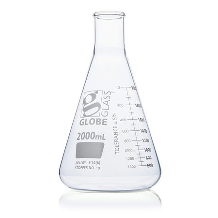 GLOBE SCIENTIFIC Flask, Erlenmeyer, Globe Glass, 2000mL, Narrow Mouth, Dual Graduations, ASTM E1404, 4/Box 8402000